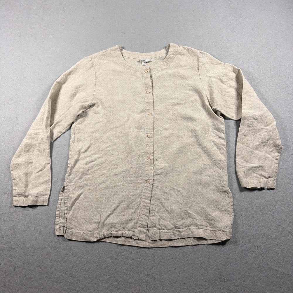 Eileen Fisher Tunic Top Womens Large Beige 100% Linen Long Sleeve Casual Shirt